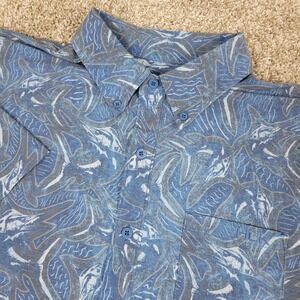Huk Fishing Mens Medium Blue AOP Floral Fish Performance‎ Button Down SS